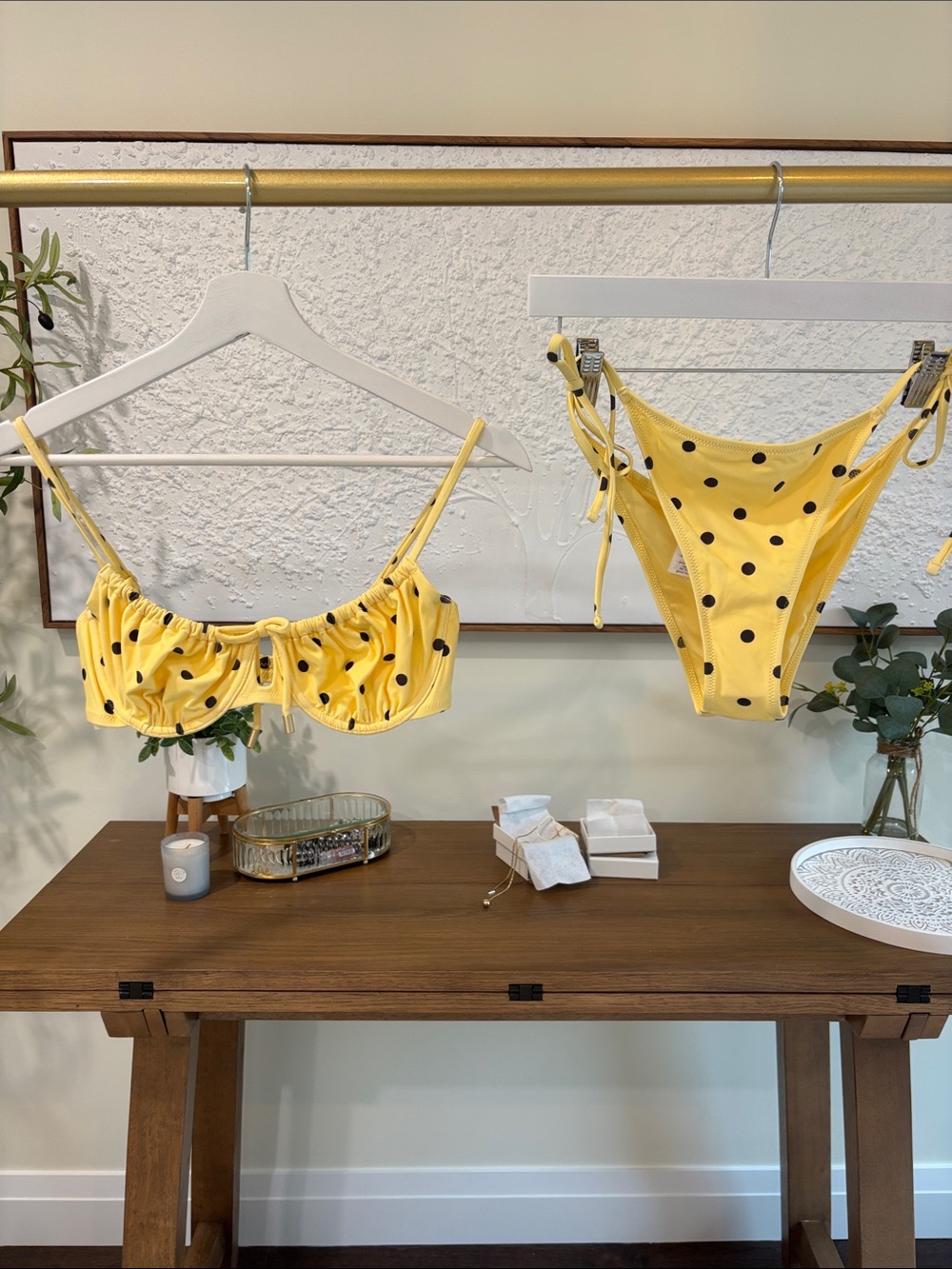 aerie Yellow with Black Polka Dot Ruffle Bikini Set